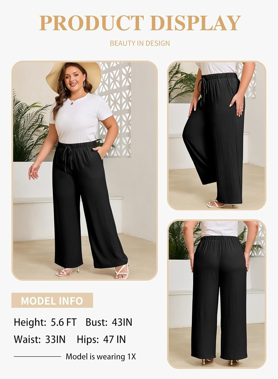 Womens plus Size Pants Summer Elastic High Waist Drawstring Casual Loose Wide Leg Trousers Pants with Pockets(1X-5X)