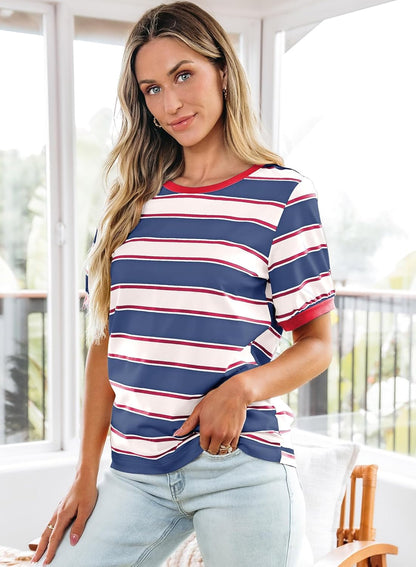 Womens Summer Tops 2025 Striped Color Block Short Sleeve T-Shirts Crewneck Casual Loose Basic Tee Blouses
