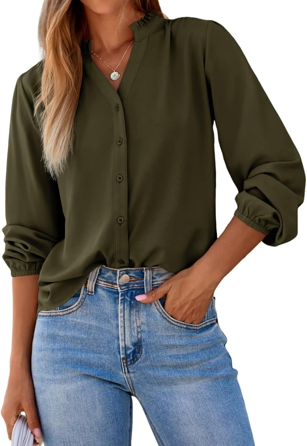 Womens Tops Blouses for Women Dressy Casual Button down Shirts V Neck Long Sleeve Shirts Business Work Blouses