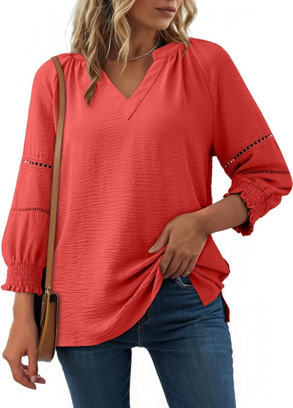 Womens 3/4 Sleeve Tops Pleated Business Casual Outifits V Neck Blouses Office Loose Shirts