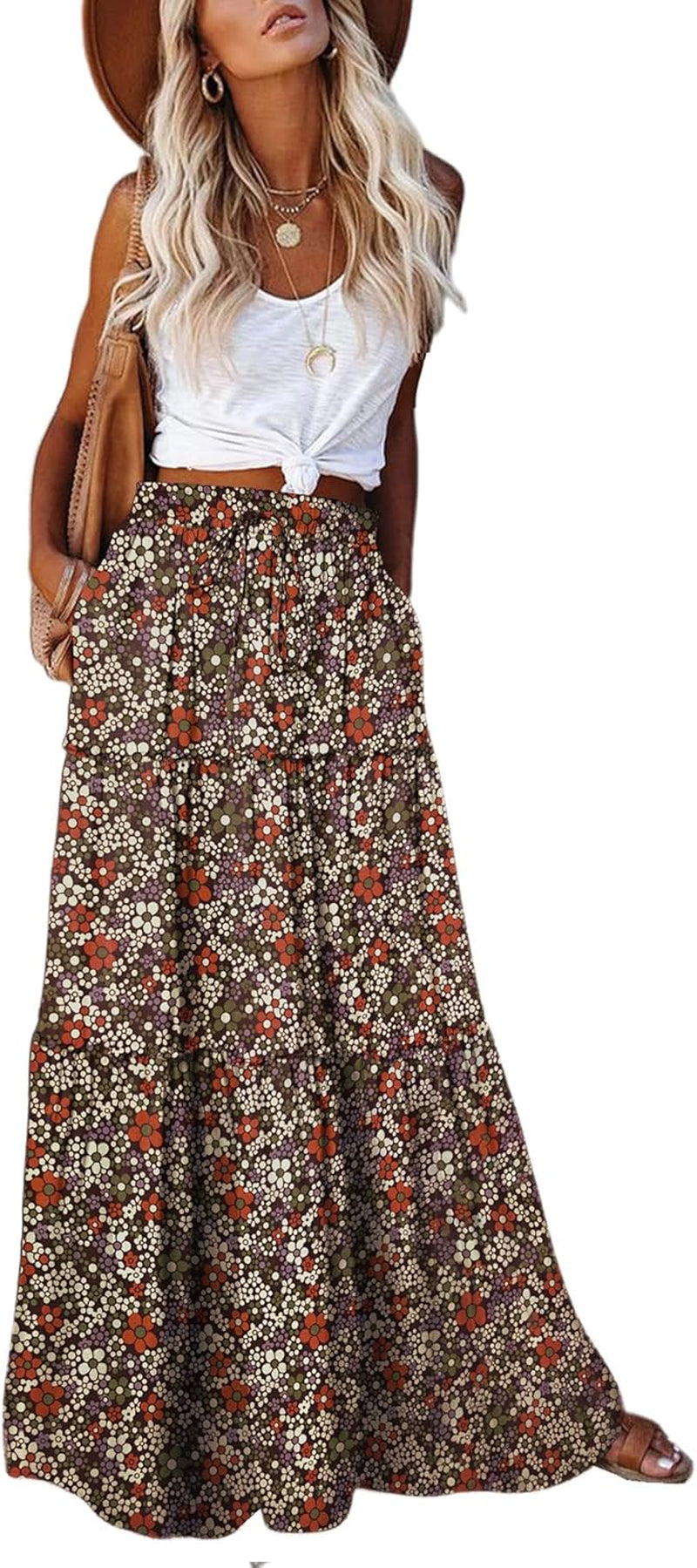 Womens Boho Maxi Skirt 2026 Summer Cruise Casual High Waist Tie Flowy Long Skirt with Pockets for Beach Vacation