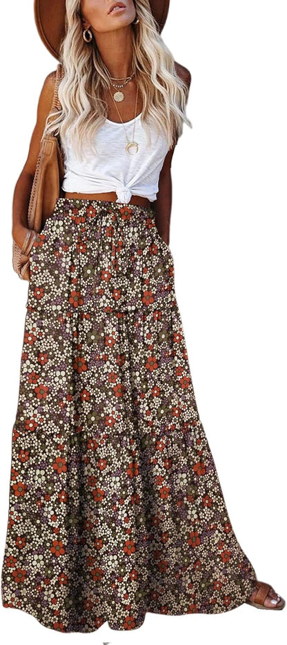 Womens Boho Maxi Skirt 2026 Summer Cruise Casual High Waist Tie Flowy Long Skirt with Pockets for Beach Vacation