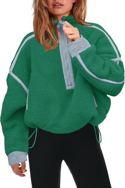 Womens Half Zip Sherpa Fleece Pullover Soft Oversized Sweatshirt with Pockets Warm Fuzzy Sweater