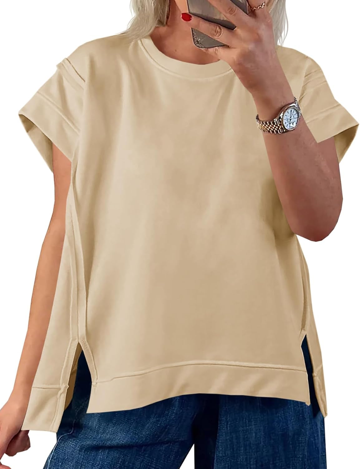 Womens Oversized Short Cap Sleeve T-Shirts Crew Neck Side Slit Tops Summer Casual Loose Fit Tees Tunic Shirts