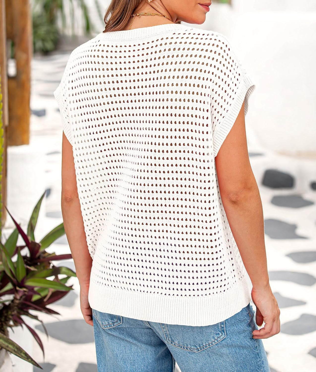 Womens Spring Tops 2026 Summer Shirts Crochet Cap Sleeve Sweater Pullover Cute Beach Vacation Clothes