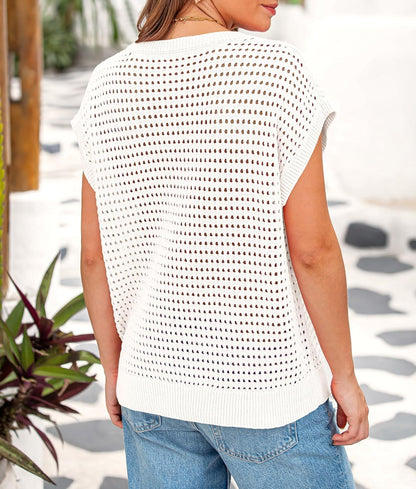 Womens Spring Tops 2026 Summer Shirts Crochet Cap Sleeve Sweater Pullover Cute Beach Vacation Clothes