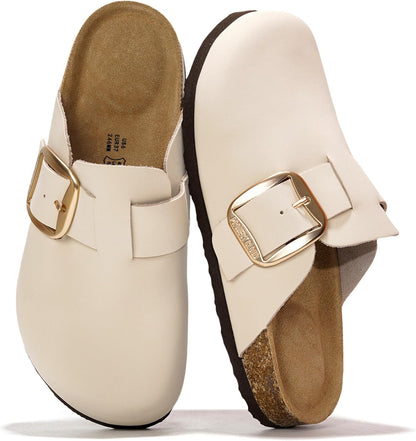 100% Genuine Leather Clogs for Women Shoes - Memory Foam Insole, Non-Slip & Natural Cork Footbed Arch Support Big Buckle Womens Clogs and Mules Footwear (Manchester)