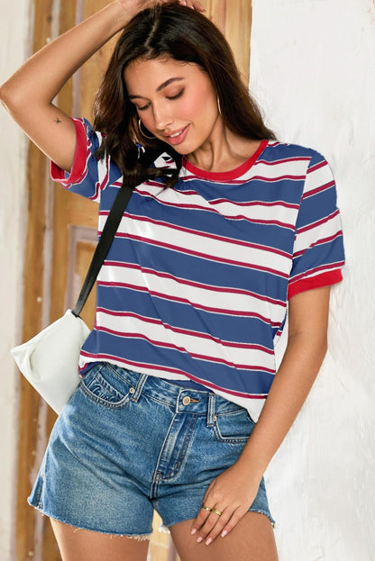 Womens Summer Tops 2025 Striped Color Block Short Sleeve T-Shirts Crewneck Casual Loose Basic Tee Blouses