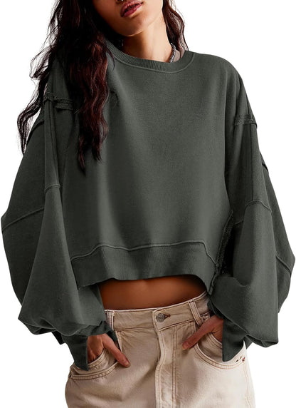 Womens Casual Sweatshirt Long Sleeve Tops Crewneck Loose Fit Tee Pullover Crop Tshirt Side Slit Fall Fashion 2024