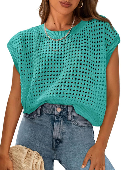 Womens Spring Tops 2026 Summer Shirts Crochet Cap Sleeve Sweater Pullover Cute Beach Vacation Clothes