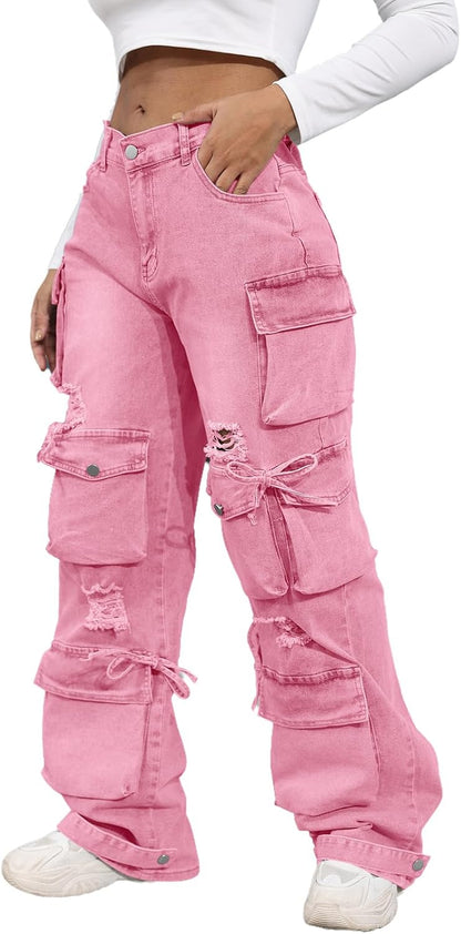 Women'S High Waist Baggy Jeans Flap Pocket Cargo Pants Loose Denim Pants Streetwear
