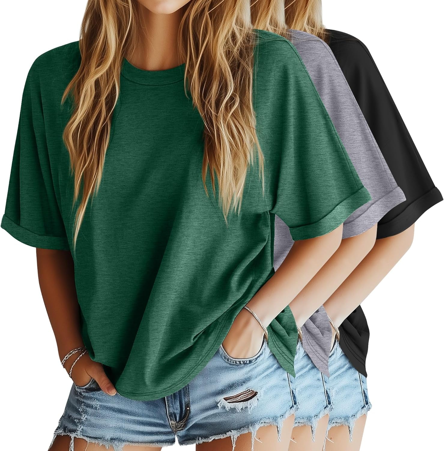 3 Pack Women'S Oversized T-Shirt Half Sleeve Summer Tees Casual Loose Fit Crew Neck Basic Tops