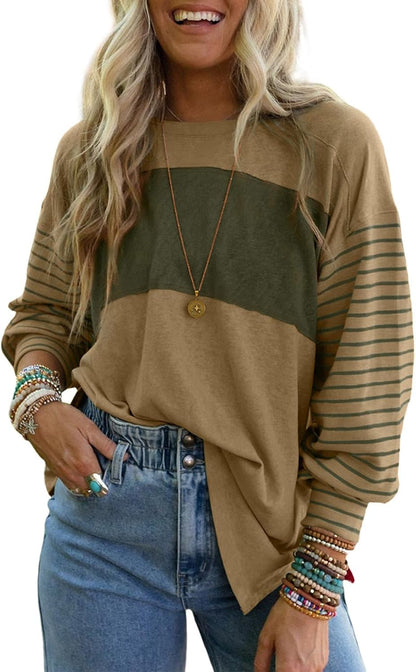 Long Sleeve Tops Oversized 2025 Trendy round Crew Neck Casual Color Block Womens Shirts Blouses