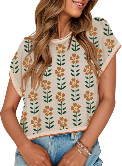 Womens Floral Sweater Vest Summer Short Sleeve Crew Neck Cute Loose Knit Tops 2026 Trendy Clothes Outfits