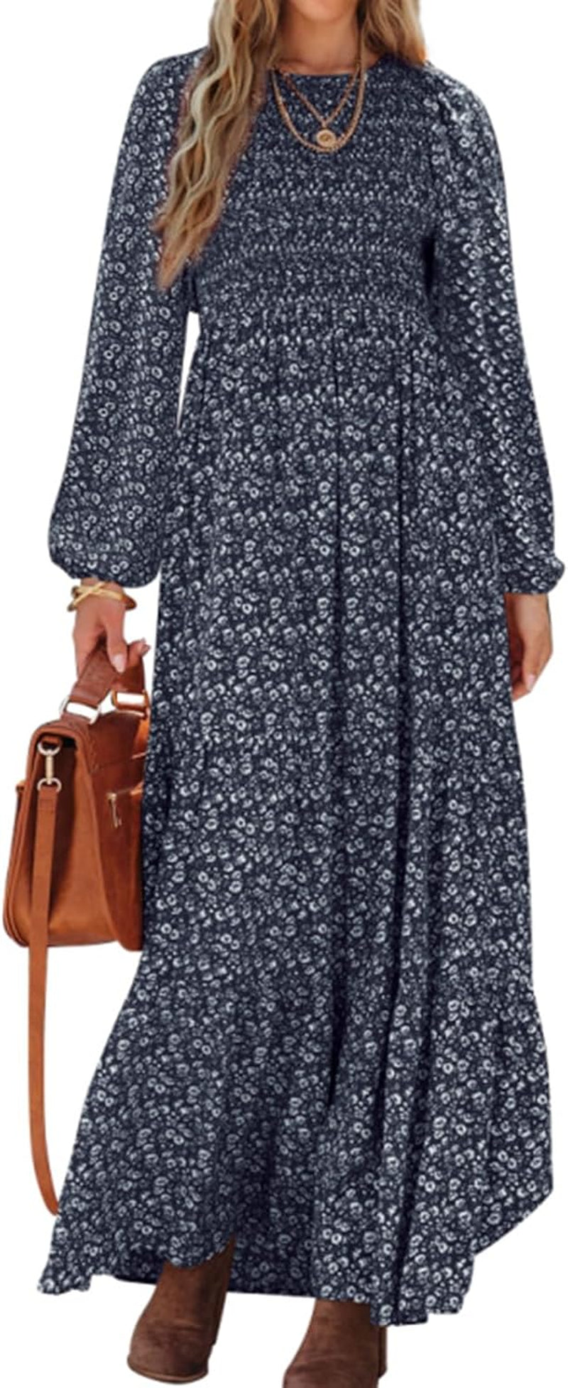 Women'S Spring Dresses 2026 Long Sleeve Flowy Casual Floral Maxi Dress Crew Neck Smocked Tiered Long Dress