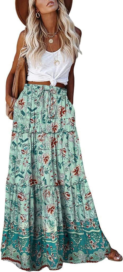 Womens Boho Maxi Skirt 2026 Summer Cruise Casual High Waist Tie Flowy Long Skirt with Pockets for Beach Vacation