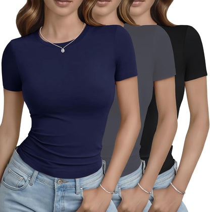 3 Pack Basic Tees for Women - Crew Neck Slim Fit Tight T Shirts Cute Y2K Trendy Crop Tops Clothes for Casual Summer