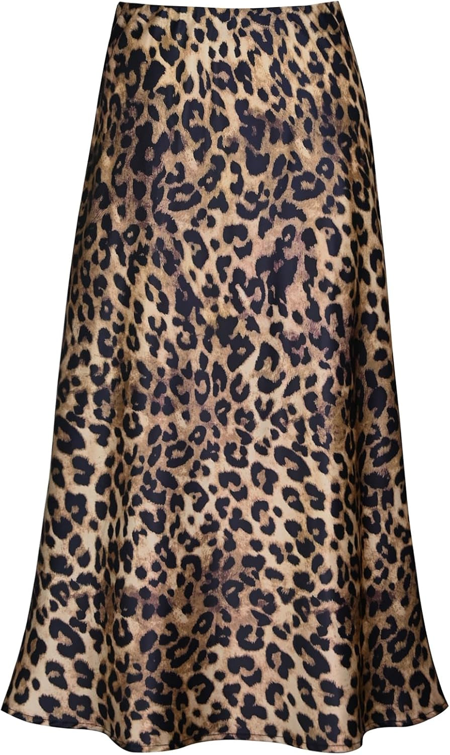 Women'S Satin High Waist Hidden Elasticized Waistband Flared Casual a Line Midi Skirt