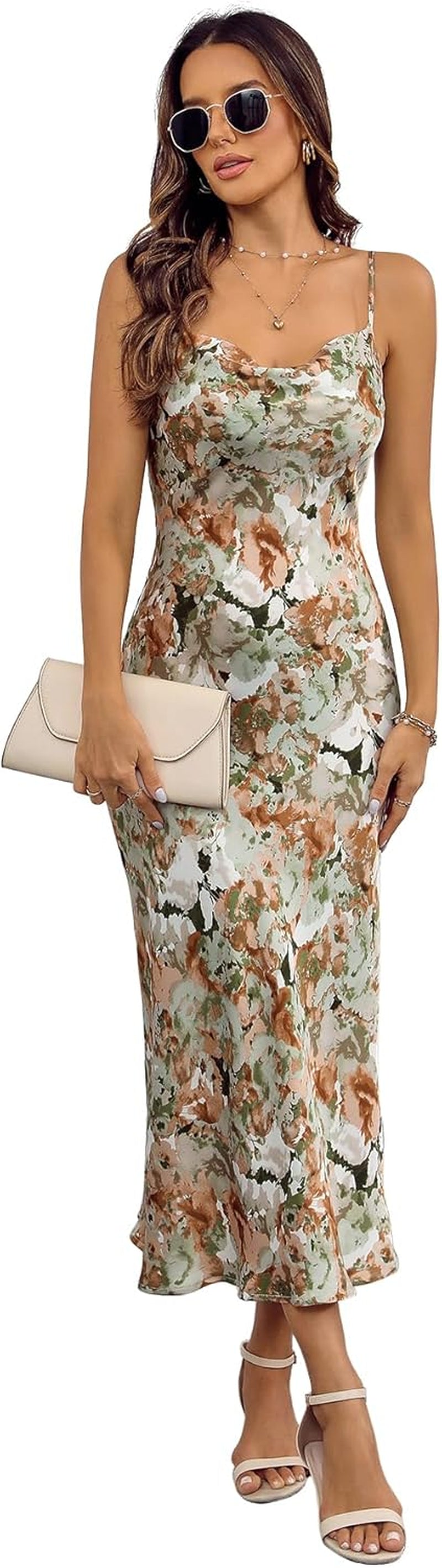 Women'S Spaghetti Strap Midi Satin Silk Dresses Slip Cowl Neck Party Cocktail Evening Sexy Dress