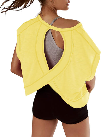 Women Short Sleeve Workout Shirts Open Back Tops Casual Yoga Y2K Athletic Gym Slouchy Crop Running Tees