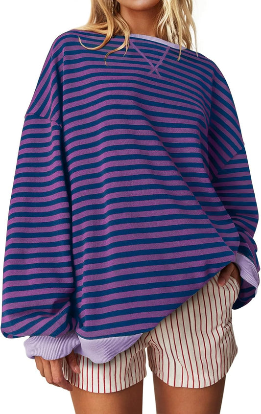Women Oversized Striped Crewneck Sweatshirt Long Sleeve Color Block Pullover Tops Casual Loose Workout Shirt