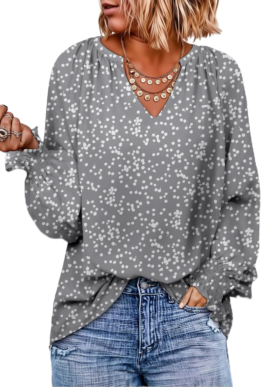 Womens Blouses Dressy Casual Flowy Boho Tops V Neck Long Sleeve Shirts