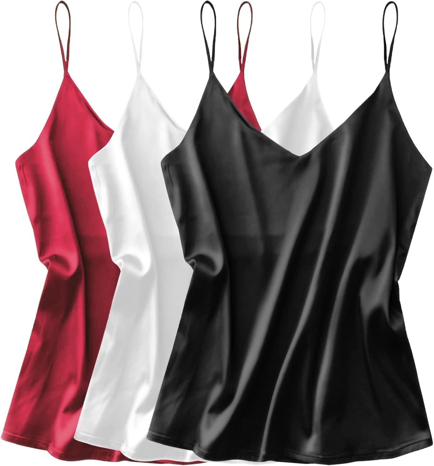 3 Pack: Womens Silk Satin Tank Top V Neck Camisole Cami Spaghetti Strap Top Loose Sleeveless Blouses Tank Shirt