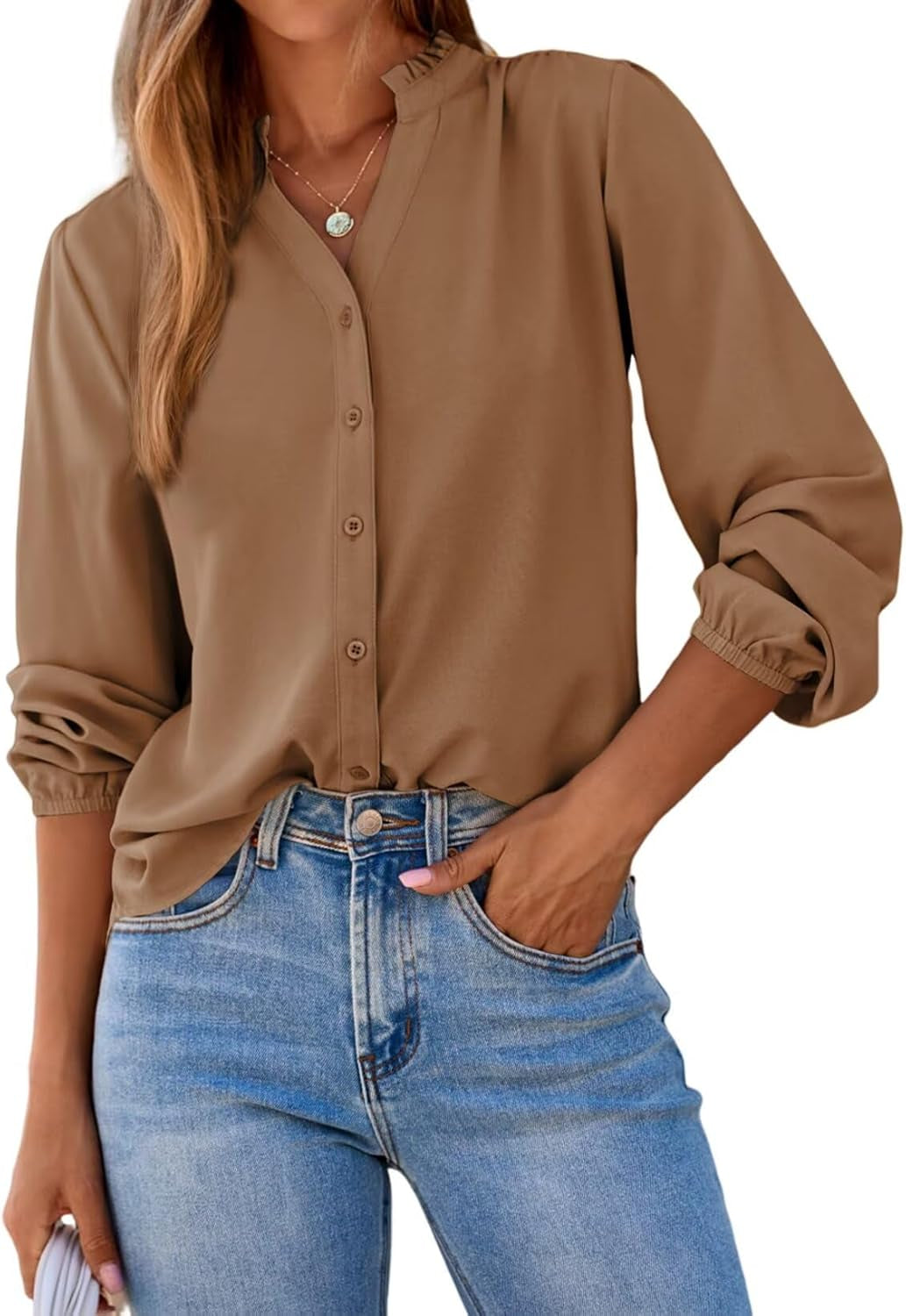 Womens Tops Blouses for Women Dressy Casual Button down Shirts V Neck Long Sleeve Shirts Business Work Blouses