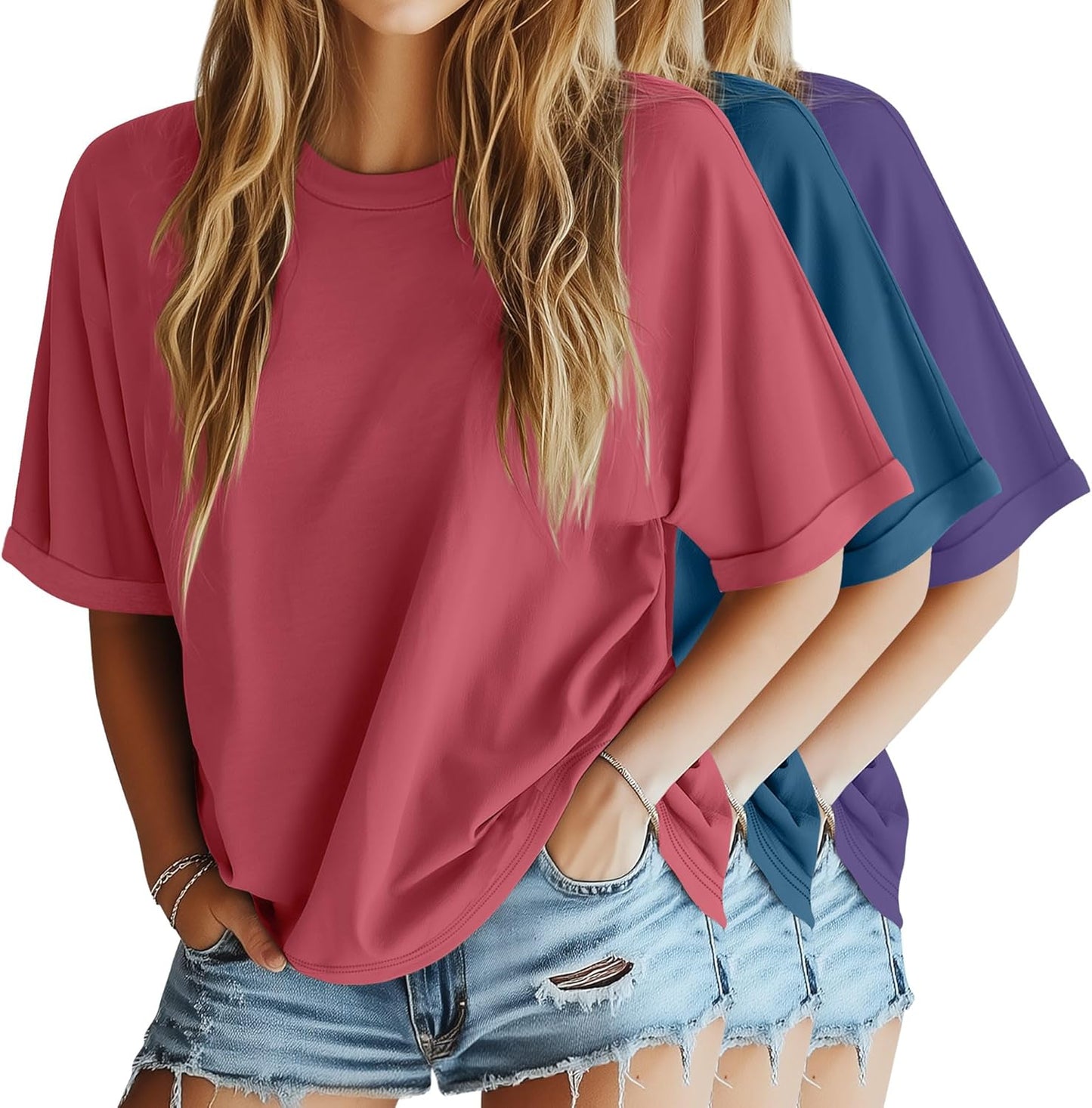 3 Pack Women'S Oversized T-Shirt Half Sleeve Summer Tees Casual Loose Fit Crew Neck Basic Tops