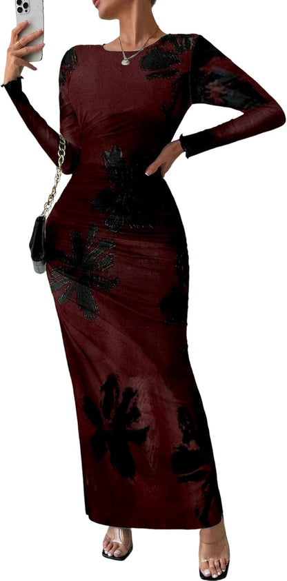 Women Long Sleeve Maxi Dress Bodycon Ruched Formal Slim Fit Tie Dye Dress Formal Mesh Dress