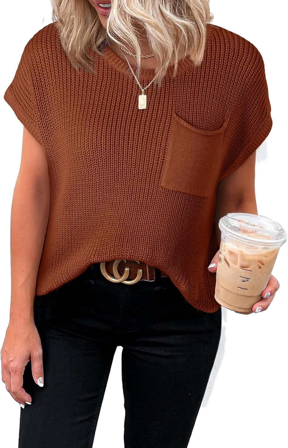 Women'S Casual Short Sleeve Loose Tunic Tops Lightweight Knit Spring Pullover Sweater Blouses