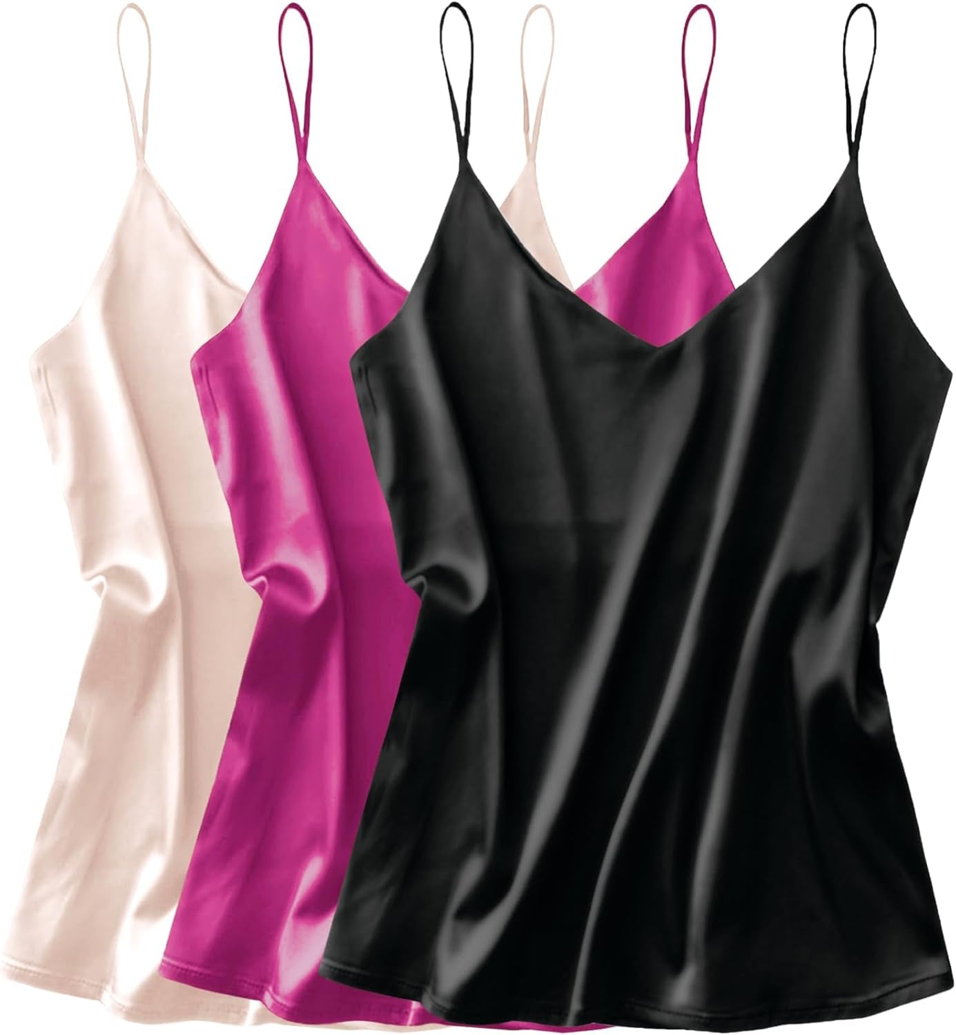 3 Pack: Womens Silk Satin Tank Top V Neck Camisole Cami Spaghetti Strap Top Loose Sleeveless Blouses Tank Shirt