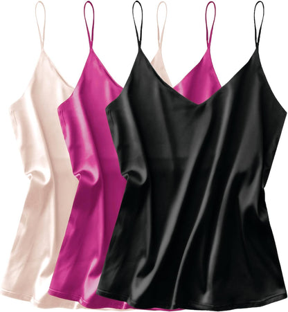 3 Pack: Womens Silk Satin Tank Top V Neck Camisole Cami Spaghetti Strap Top Loose Sleeveless Blouses Tank Shirt