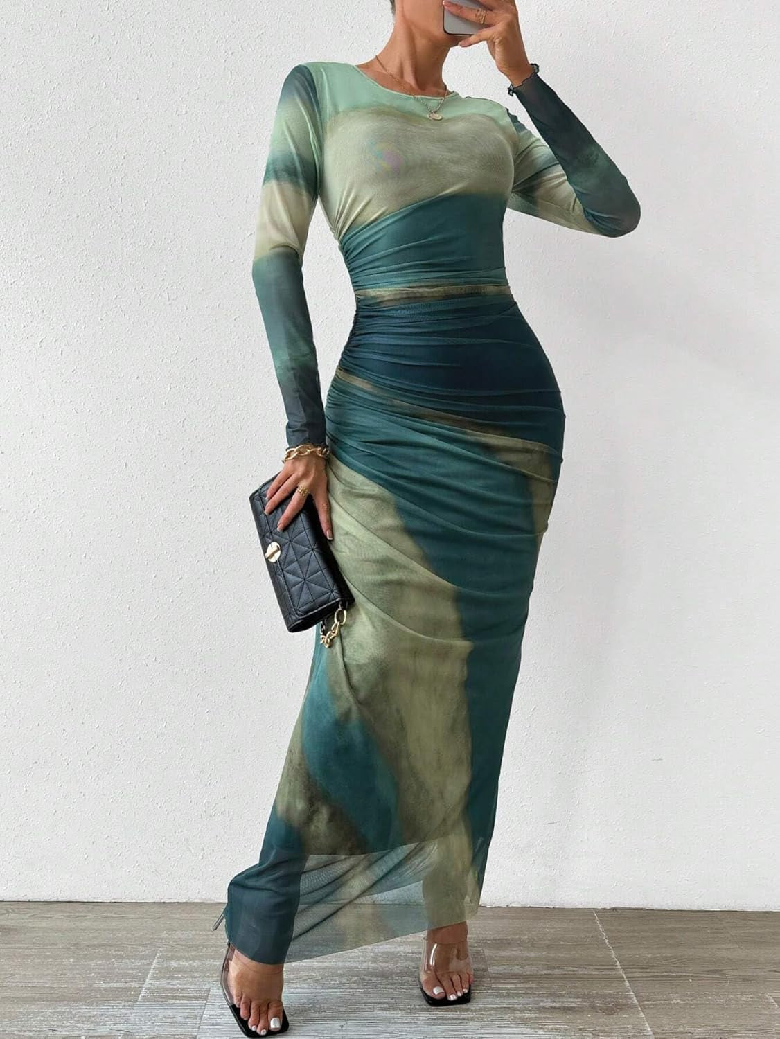 Women Long Sleeve Maxi Dress Bodycon Ruched Formal Slim Fit Tie Dye Dress Formal Mesh Dress