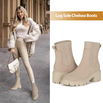 Women'S Chelsea Boots Fashion Slip on Platform Ankle Boots Lug Sole Chunky Booties