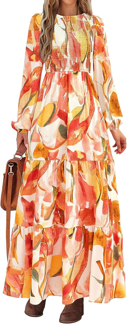 Women'S Spring Dresses 2026 Long Sleeve Flowy Casual Floral Maxi Dress Crew Neck Smocked Tiered Long Dress