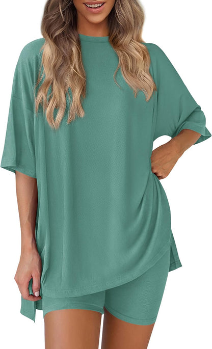 Women 2 Piece Lounge Set 2026 Summer Casual Oversized Shirts Biker Shorts Matching Airport Travel Outfit Clothes