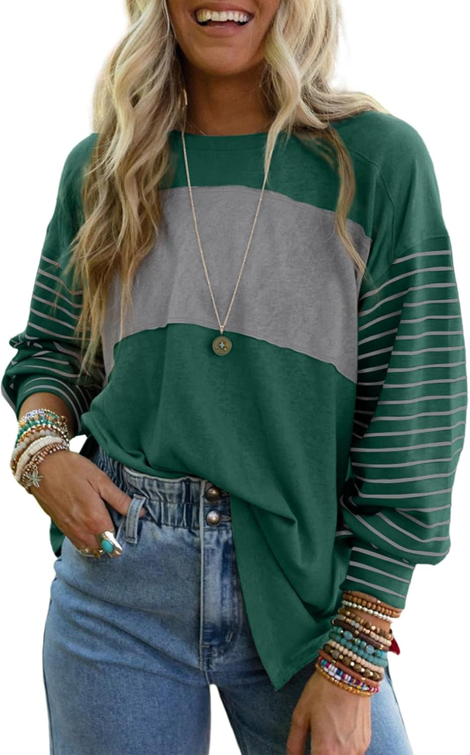 Long Sleeve Tops Oversized 2025 Trendy round Crew Neck Casual Color Block Womens Shirts Blouses