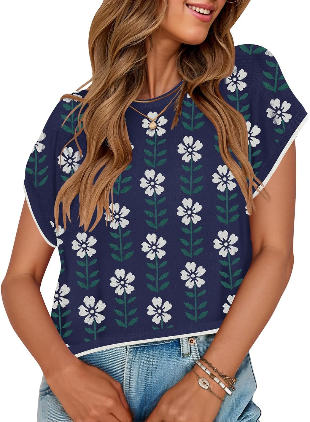 Womens Floral Sweater Vest Summer Short Sleeve Crew Neck Cute Loose Knit Tops 2026 Trendy Clothes Outfits