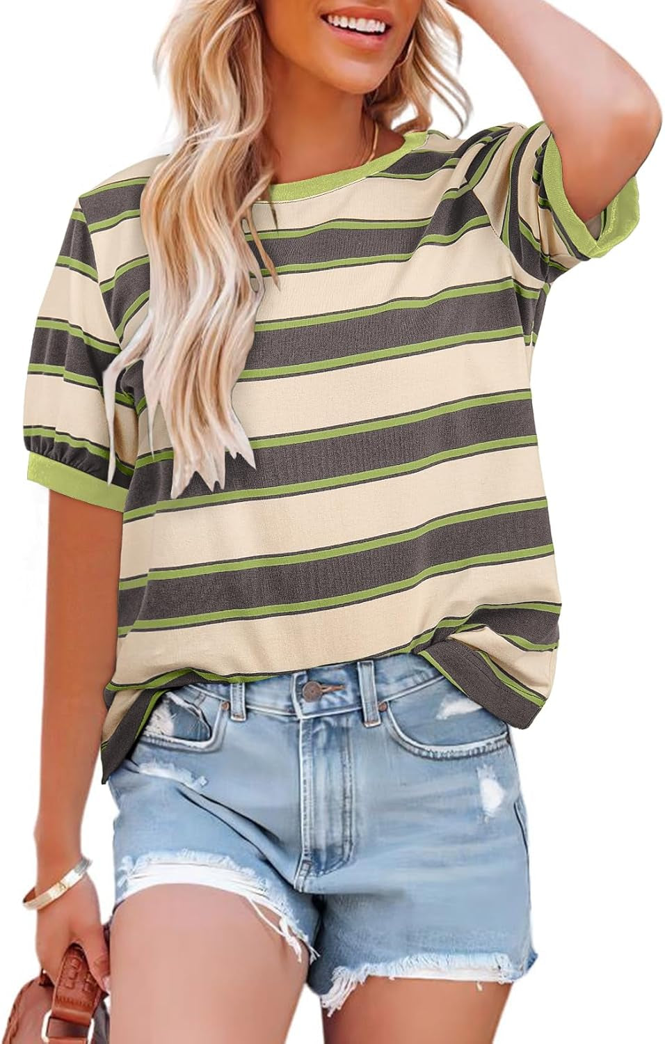 Womens Summer Tops 2025 Striped Color Block Short Sleeve T-Shirts Crewneck Casual Loose Basic Tee Blouses