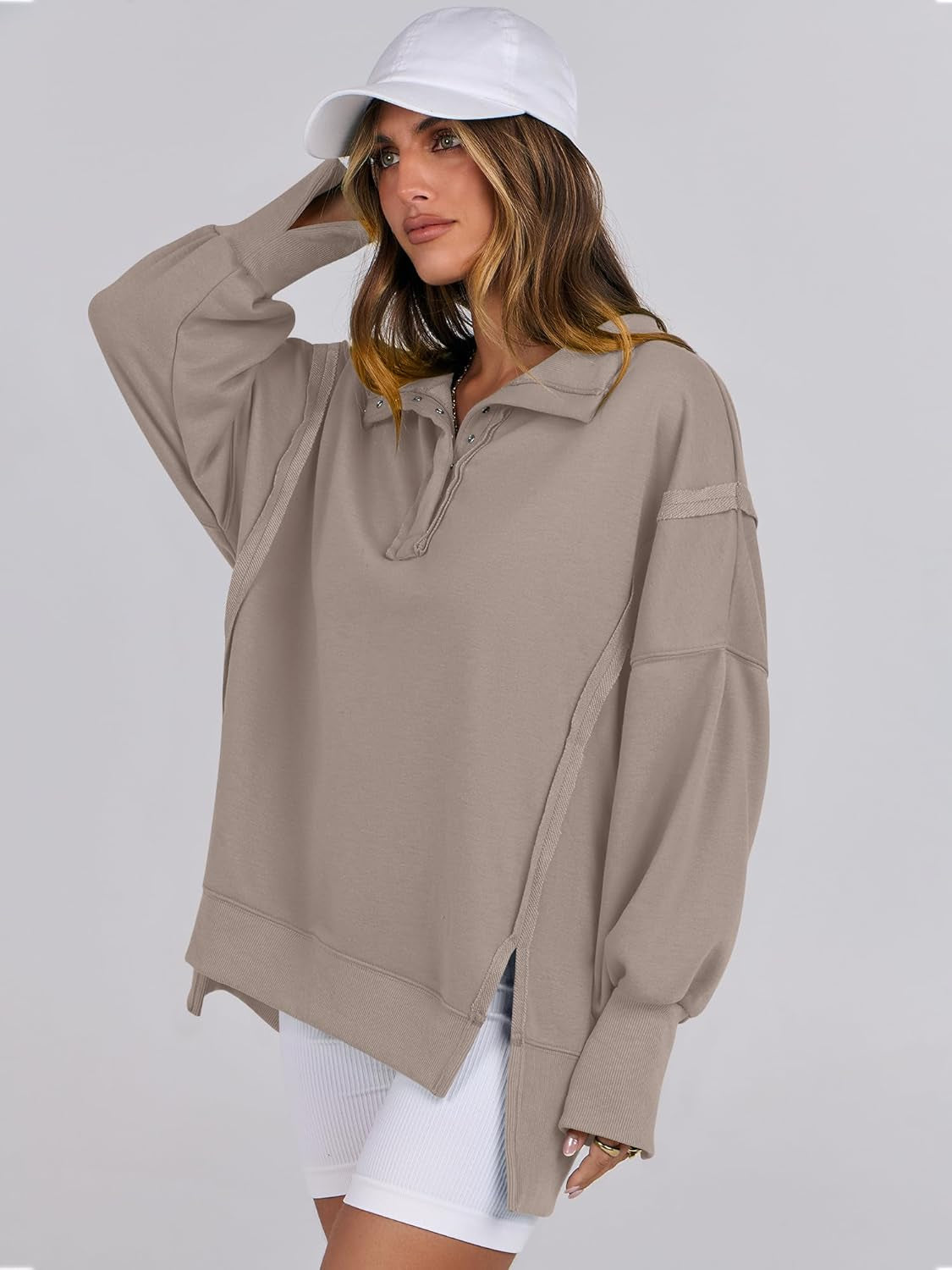 Women'S Sweatshirts Oversized Casual Loose Button up Henley Pullover Top High Low Split 2025 Fall Fashion Outfits