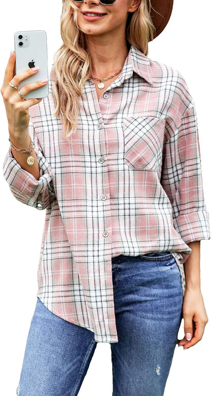 Oversized Flannel Shirt Women Long Sleeve Plaid Button Buffalo Shirt Blouse Tops with One Pocket