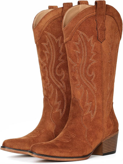 Cowboy Boots for Women Western Cowgirl Boots with Chunky Heel Mid Calf Snip Toe Ideal for Low Insteps