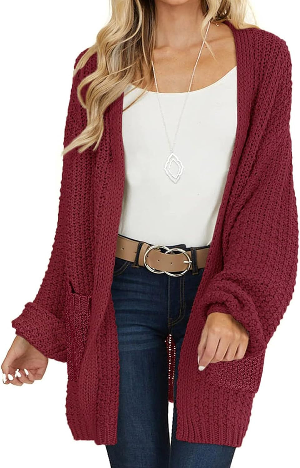 Women'S 2025 Fall Open Front Chunky Knit Sweater Oversized Lantern Sleeve Cardigan Outwear