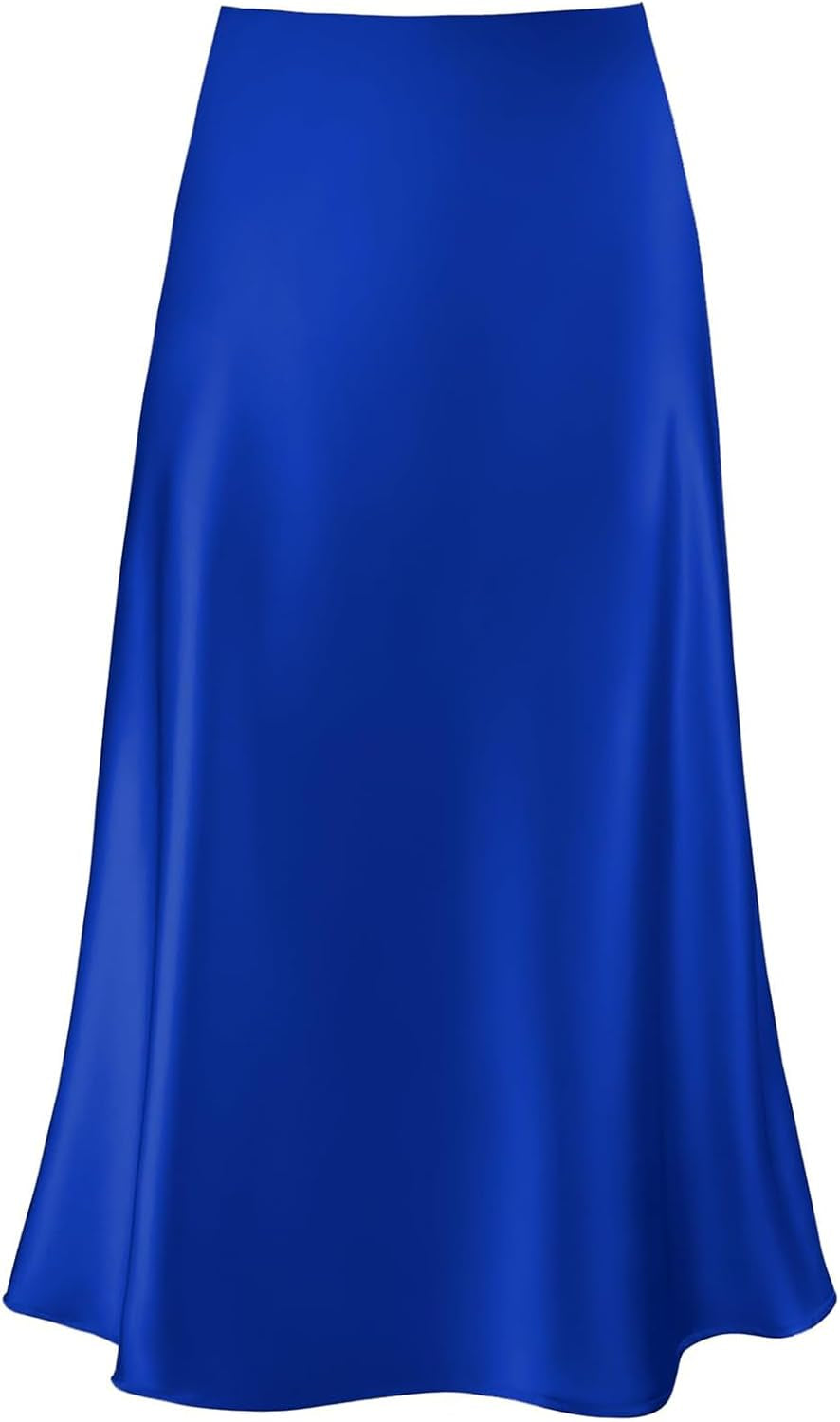 Women'S Satin High Waist Hidden Elasticized Waistband Flared Casual a Line Midi Skirt