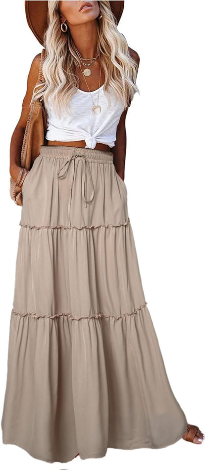 Womens Boho Maxi Skirt 2026 Summer Cruise Casual High Waist Tie Flowy Long Skirt with Pockets for Beach Vacation