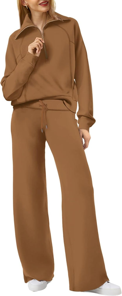 Lounge Sets for Women 2025 Half Zip Sweatshirt and Wide Leg Sweatpant 2 Piece Outfits Sweatsuit Tracksuit