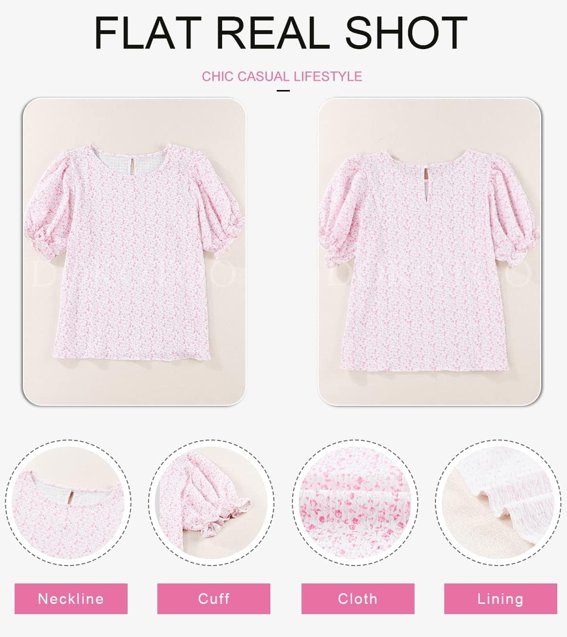 Floral Print Blouses for Women Crewneck Smocked Puff Sleeve Shirts Casual Babydoll Tops