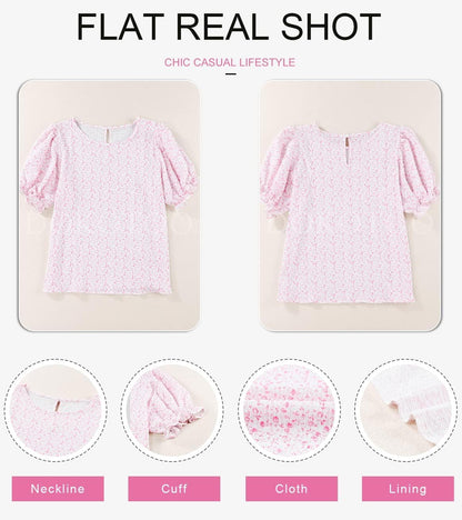Floral Print Blouses for Women Crewneck Smocked Puff Sleeve Shirts Casual Babydoll Tops