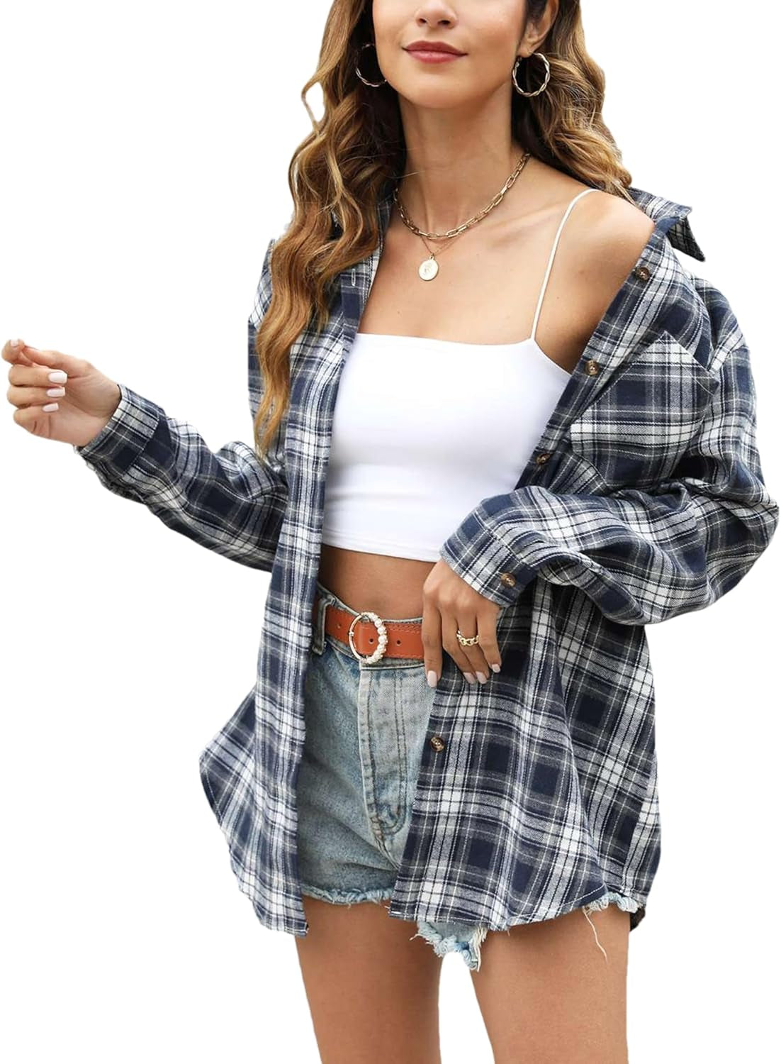 Oversized Flannel Shirt Women Long Sleeve Plaid Button Buffalo Shirt Blouse Tops with One Pocket